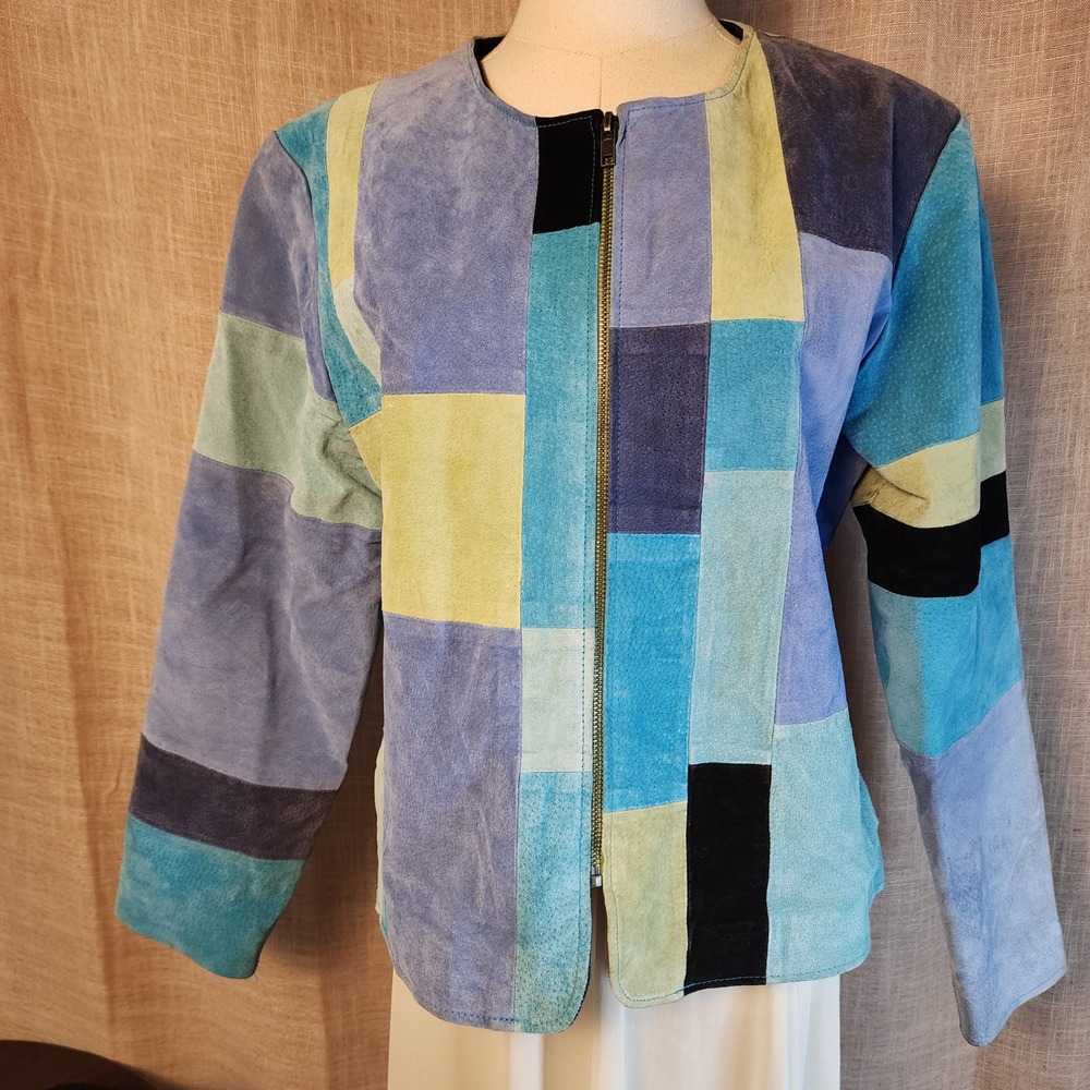 Karen Arnold Genuine Leather Patchwork Jacket Size L Blue Green Colorblock Suede